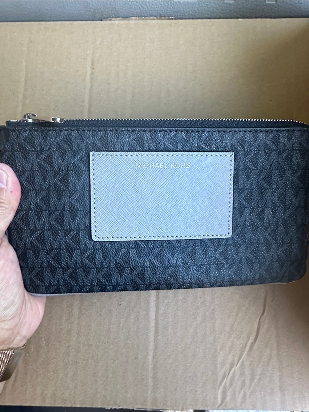 Michael Kors Black Logo Zip Wristlet with Gray Patch